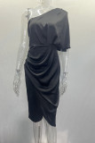 Plain One Shoulder Ruched Silky Midi Dress