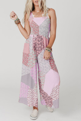 Pink Irregular Patchwork Print Smocked Wide Leg Jumpsuit