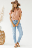 Khaki Crinkle Roll Short Sleeve Henley Button Blouse