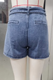 Blue Wash Pockets Denim Shorts With Sash