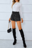 Black PU Pockets Shorts With Sash