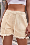 High Waist Drawstring Raw Hem Denim Shorts