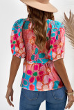 Pink Boho Flower Print Puff Sleeve Peplum Top
