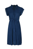 Navy V Neck Pleated Midi Dress