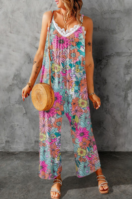 Multicolor Vibrant Summer Floral Print Spaghetti Strap Jumpsuit