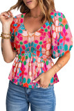 Pink Boho Flower Print Puff Sleeve Peplum Top