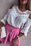 White Lace Patchwork Cold Shoulder 3/4 Sleeve Blouse