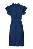 Navy V Neck Pleated Midi Dress