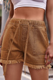 High Waist Drawstring Raw Hem Denim Shorts