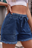 High Waist Drawstring Raw Hem Denim Shorts