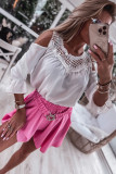 White Lace Patchwork Cold Shoulder 3/4 Sleeve Blouse
