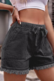 High Waist Drawstring Raw Hem Denim Shorts