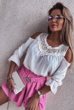 White Lace Patchwork Cold Shoulder 3/4 Sleeve Blouse