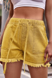 High Waist Drawstring Raw Hem Denim Shorts