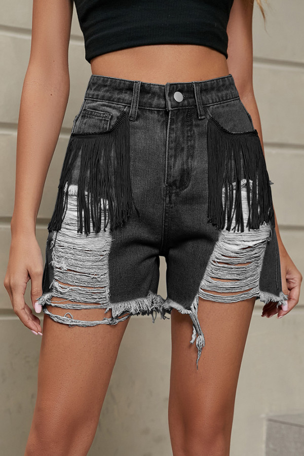 Ripped Tassle Raw Hem Denim Shorts