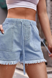 High Waist Drawstring Raw Hem Denim Shorts
