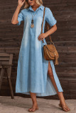 Blue Washed Turn Down Collar Side Split Denim Maxi Dress