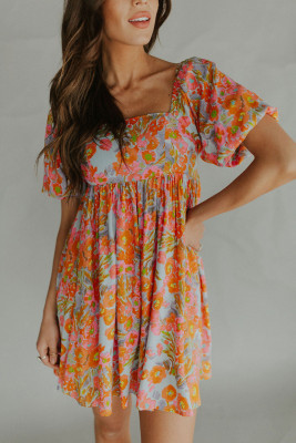 Orange High Waist Square Neck Puff Sleeve Floral Dress