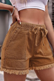 High Waist Drawstring Raw Hem Denim Shorts