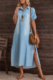 Blue Washed Turn Down Collar Side Split Denim Maxi Dress