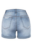 Blue Folded Hem Ripped Denim Shorts