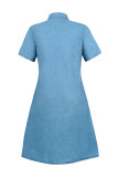 Blue Washed Denim Open Button Tiered Dress
