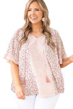 Pink Plus Size Dotty Floral Patchwork Tassel Tie V Neck Top