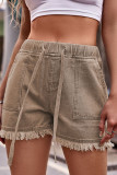 High Waist Drawstring Raw Hem Denim Shorts
