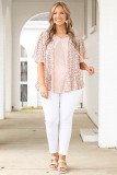 Pink Plus Size Dotty Floral Patchwork Tassel Tie V Neck Top