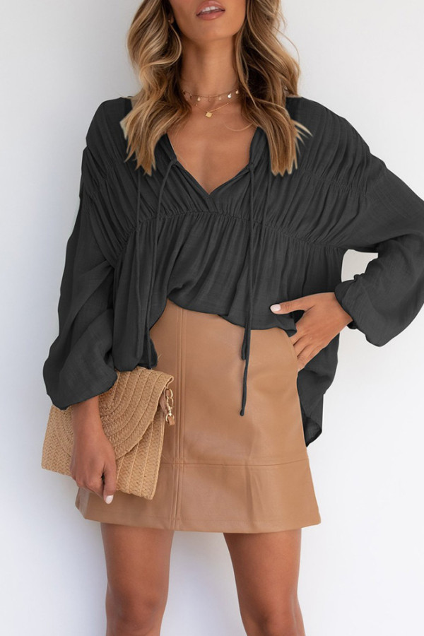 Plain Puff Sleeves Ruffle Smocked Top