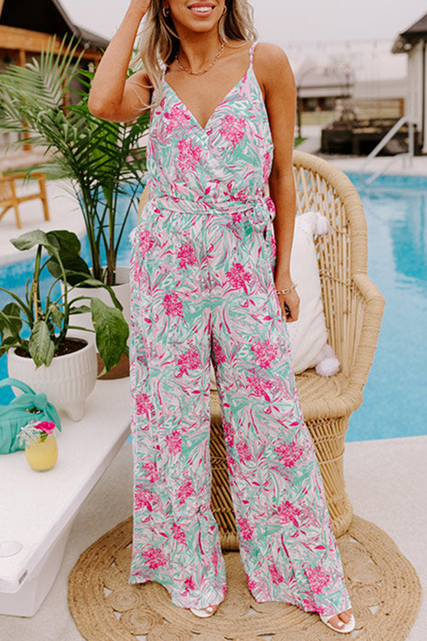 Sky Blue Floral Print Knotted High Waist Sleeveless Jumpsuit