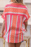 Orange Geometric Striped Buttoned Short Sleeve Shirt