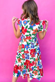 Multicolor Flutter Sleeve V Neck High Waist Floral Midi Dress