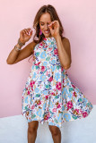 White Frill Mock Neck Sleeveless Tiered Floral Dress