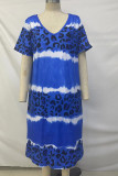 Blue Tie Dye Leopard Print T-Shirt Dress