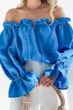 Off Shoulder Ruffle Lantern Sleeves Smocked Top