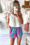 Sky Blue Abstract Print Elastic Waist Pocket Wide-Leg Shorts