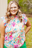 Multicolor Plus Sizie Striped Ruffle Sleeve Floral Blouse