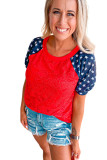 Red Lace Overlay Contrast Star Sleeve Flag Day T Shirt