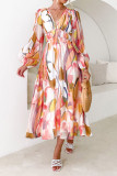 Deep V Neck Ruffle Printing Maxi Dress
