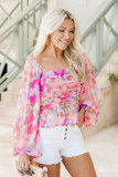 Pink Watercolor Abstract Print Pleated Long Sleeve Blouse