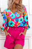 Rose Multicolor Floral Print V Neck 3/4 Sleeve Blouse