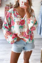 White Notch V Neck Floral Pleated Puff Sleeve Blouse