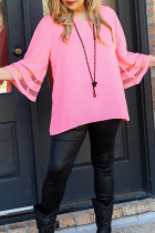 Pink Plus Size Mesh Striped Bell Sleeve Blouse