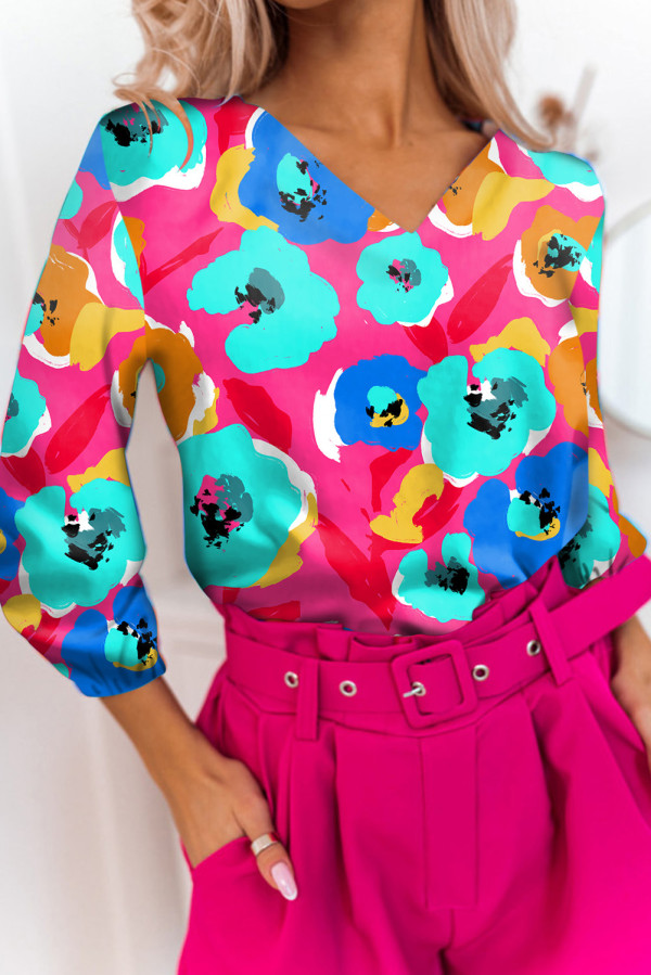 Rose Multicolor Floral Print V Neck 3/4 Sleeve Blouse
