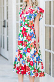 Multicolor Flutter Sleeve V Neck High Waist Floral Midi Dress