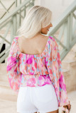 Pink Watercolor Abstract Print Pleated Long Sleeve Blouse