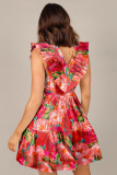 Red Floral Sleeveless V Neck Frill Mini Dress