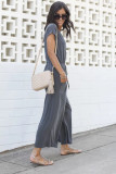 Gray Drawstring Waist Short Sleeve Wide Leg Jumpsuit
