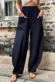 Navy High Waist Pockets Wide Leg Pants